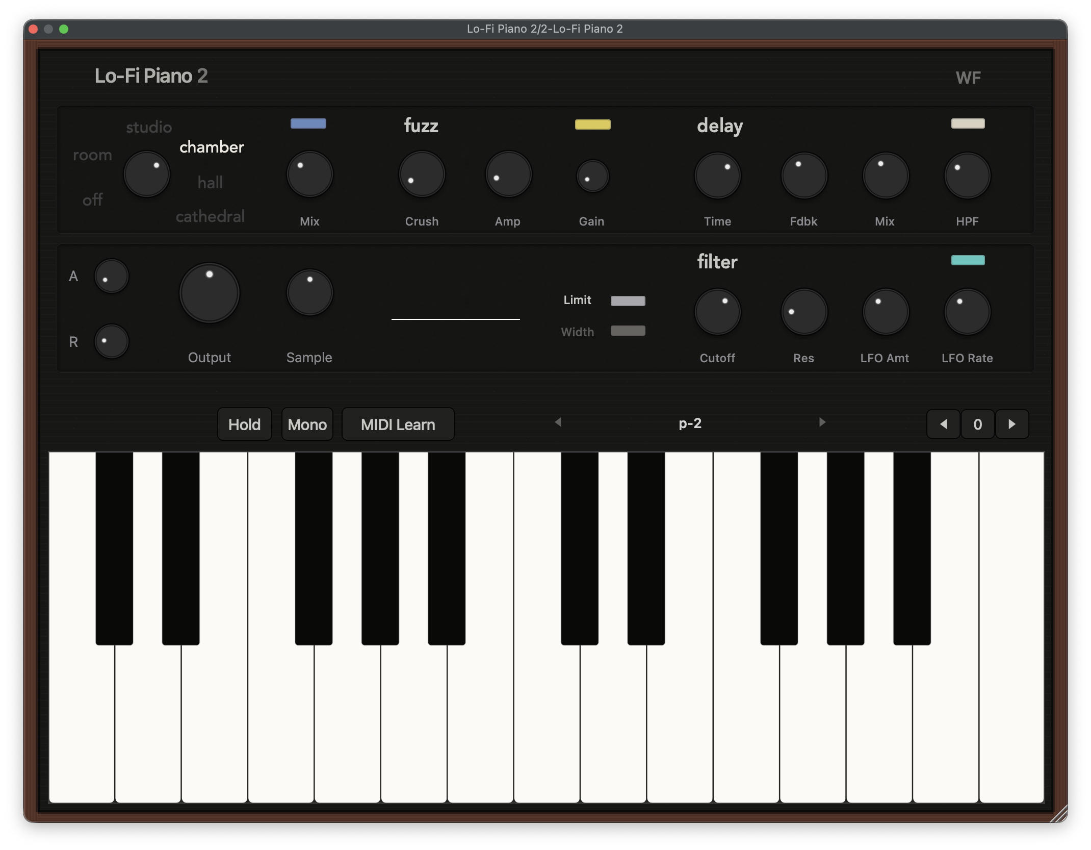 Lo-Fi Piano 2 dark theme with the on-screen keyboard